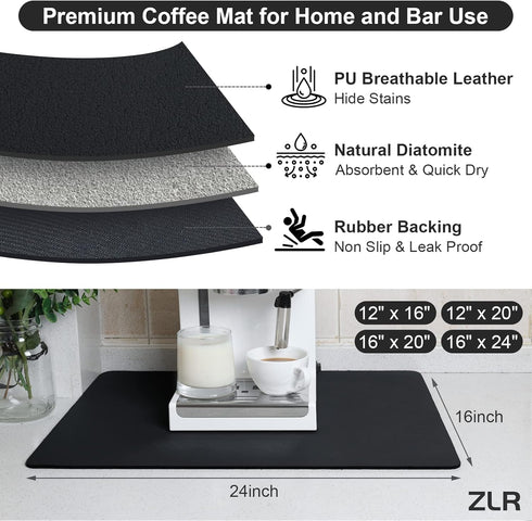 Coffee Mat - 16" x 24" Extra Absorbent Kitchen Drying Mat for Dishes - Easy to Clean Coffee Bar Mat for Countertop, Coffee Maker, Espresso Machine - Black