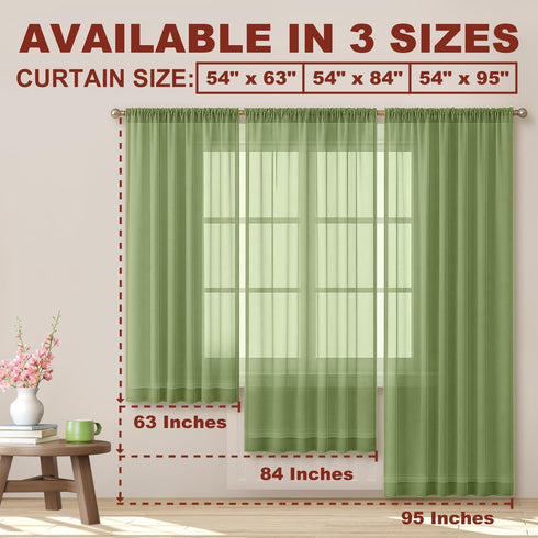 YHSF 2 Panel Set Sheer Curtains - Elegant Rod Pocket Solid Voile Drapes for Bedroom/Living Room, 54" W x 84" L