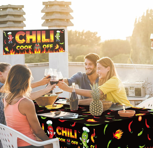 Chili Cook Off Decorations: 71" x 24" Banner and 3 Pcs Tablecloths for Cooking Party Supplies