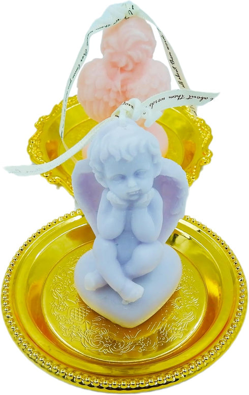 2 Angel Soy Wax Candles with 2 Golden Candlestick Tray, Scented Decorative Candles for Home Decoration and Relaxation