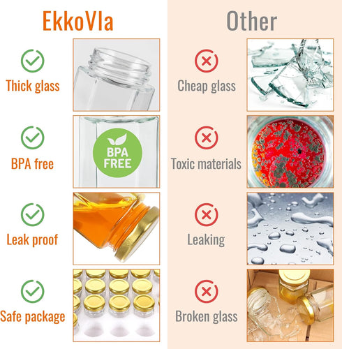 30 Pack 2 oz EkkoVla Hexagon Mini Glass Honey Jars, Small Honey Jars with Golden Lids, Wooden Dipper, Bee Pendants