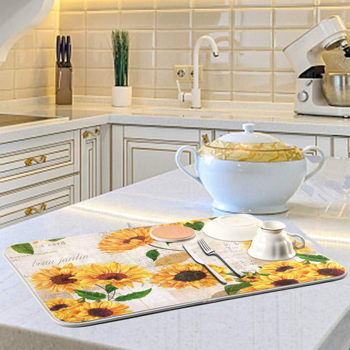 Qilmy Sunflowers Dish Drying Mat, Non-Slip Water Absorption Mat for Kitchen Countertop (16 x 18 Inch)