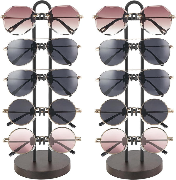 Mkono Sunglasses Organizer for 5 Pairs, Glasses Holder Stand with Metal Frame and Wood Base for Table Display
