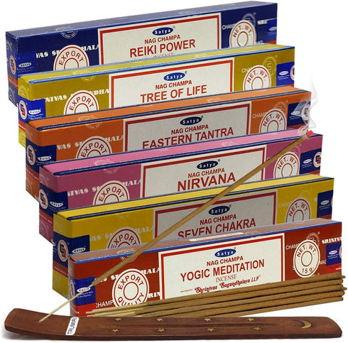 Satya Incense Sticks Variety Pack #6 with Incense Stick Holder Bundle, 6 Spiritual Fragrances