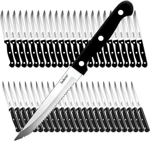 faderic Serrated-Steak Knives Set of 48: Black Full-Tang Triple Rivet Kitchen Steak Knife Set, 4.5 In, Dishwasher Safe