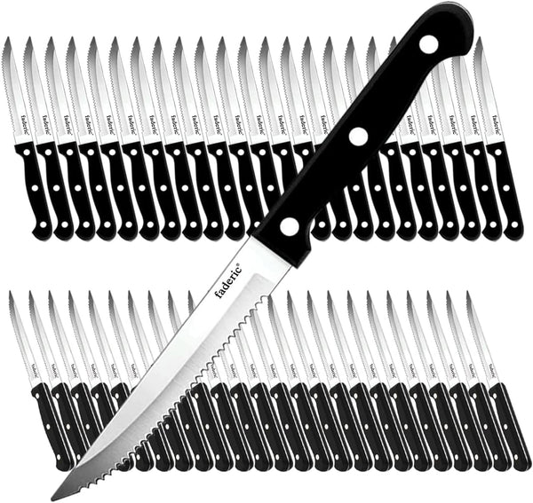 faderic Serrated-Steak Knives Set of 48: Black Full-Tang Triple Rivet Kitchen Steak Knife Set, 4.5 In, Dishwasher Safe