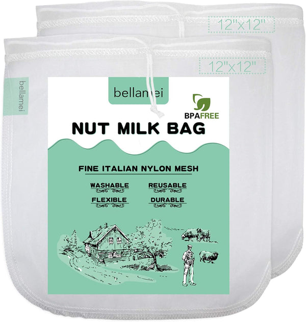 2 Pack XL Nut Milk Bags - 12"x12" Reusable Food Strainers for Almond/Soy Milk, Cold Brew Coffee