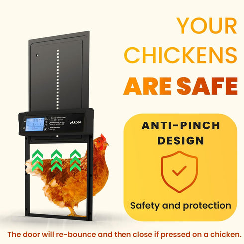 Anti-Pinch 5-Year Okkobi Automatic Chicken Coop Door Solar Powered - LCD Display - Chicken Coop Door with Light Sensor