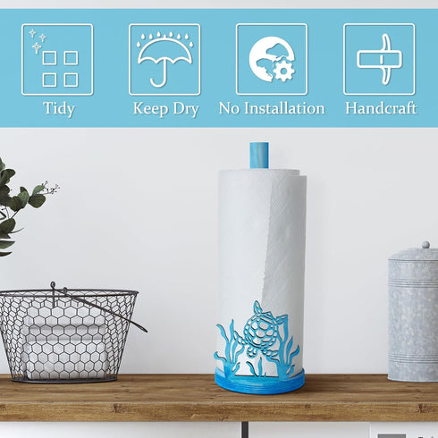 Remerry Turtle Paper Towel Holder Blue Room Decor Wooden Sea Turtle Seaweed Paper Towel Roll Holder Gift Underwater