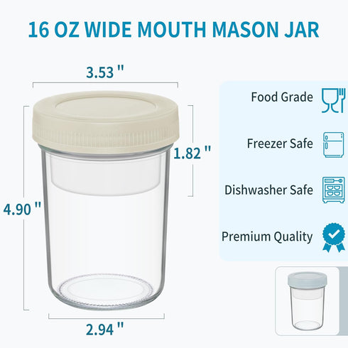 16 oz 2-Pack Xyptorix Overnight Oats Containers with Airtight Lids - Leak-Proof Wide Mouth Mason Jars & Divided Cups