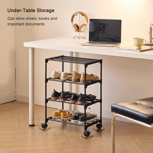 LUCKY OCEAN 5-Tier 16.9W Small Shoe Rack with Wheels, Slide-Out Metal Shoe Racks Storage, Anti-Rust Coating, Stackable