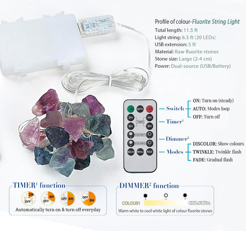 6.5 20 Nature Colorful Fluorite String Lights FT LED String Lights for Bedroom USB/Battery Operated Sea Glass Crystal