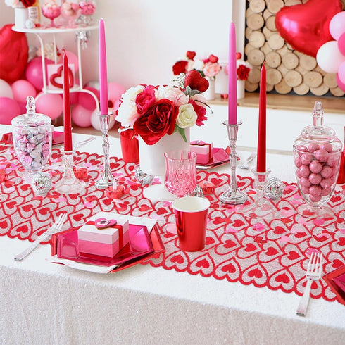 UnslQonds 71 Inch Valentine Table Runner, Long Red Lace Heart Table Runner Backdrop Valentines Decorations Indoor Desk