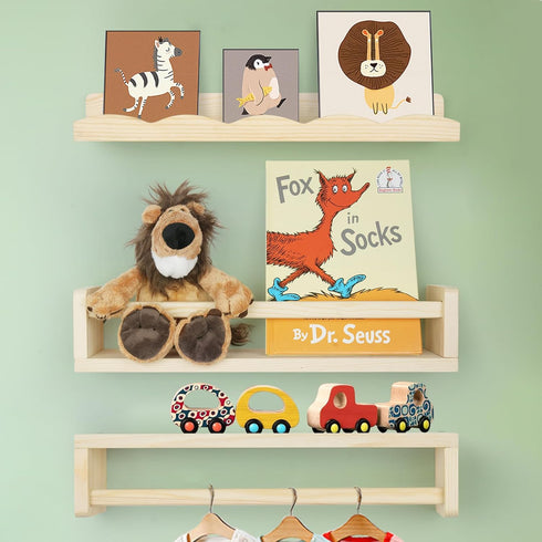 Floating Book Shelves for Wall, 16.5" Natural Wood Nursery Shelves for Book