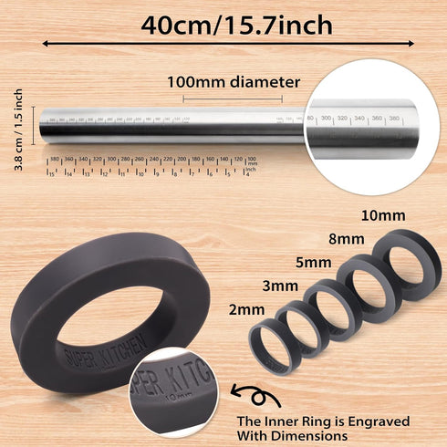 Adjustable Rolling Pin with Thickness Rings - Non Stick Stainless Steel Dough Roller Pin for Baking (Grey, 15.8'')