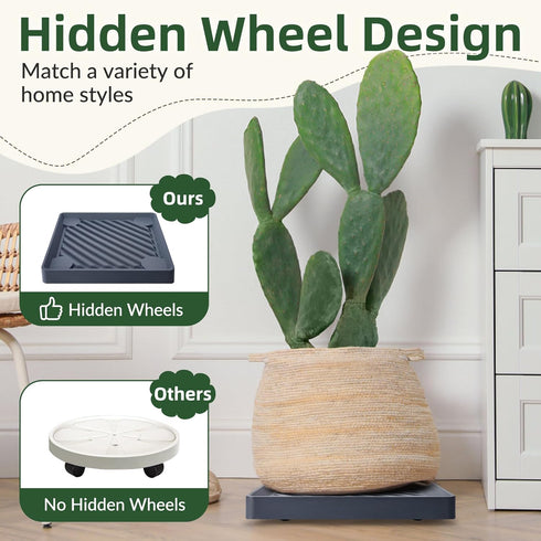 2PCS 9.96 inches REDHUGO Square Plant Caddy with Hidden Wheels, Heavy Duty Rolling Plant Stand Caddy with Wheels, Pot