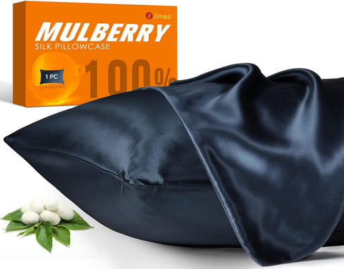 100% Mulberry Silk Pillowcase for Hair and Skin, 22 Momme Natural Silk Pillow Cover with Zipper (Navy Blue, Standard