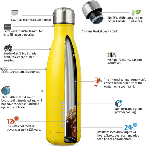 BJPKPK 17oz Insulated Stainless Steel Water Bottles | Sports Water Bottles Keep Cold for 24 Hours (Goldenrod)