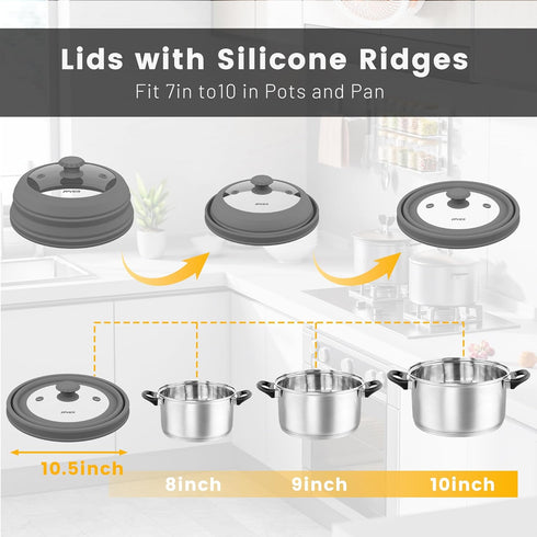 Microwave Splatter Cover, Vented Silicone and Glass Lid, Fits 6-10 inch Plates & Bowls, Easy Grip Handle