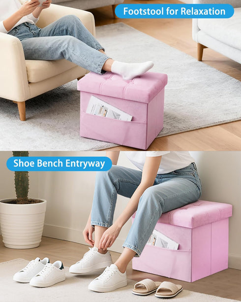 17 inches Storage Ottoman Foot Stool, Folding Ottoman with Storages, Velvet Storage Bench with Side Pocket, Foot Rest