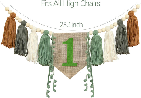 1st Wild One High Chair Banner Boy First Birthday Decorations,Jungle Green Highchair Banner,Woodland One Year Old Party