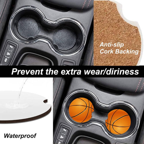Basketball Car Coasters, 2 Pieces Absorbent Ceramic Cup Holders with Finger Notch for Women Men 2.56"