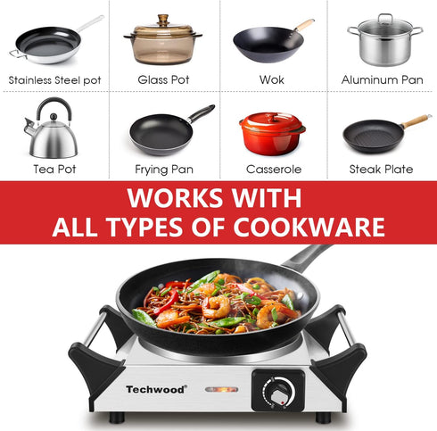 Techwood Single Burner Hot Plate, 1500W Electric Stove with Adjustable Temperature & Stay Cool Handles, 7.5" Silver