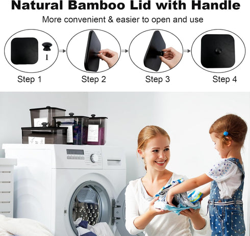 4 Pack Zingbee Laundry Detergent Containers & Dryer Sheet Holder with Black Lids, Scoops & Labels - Plastic Laundry
