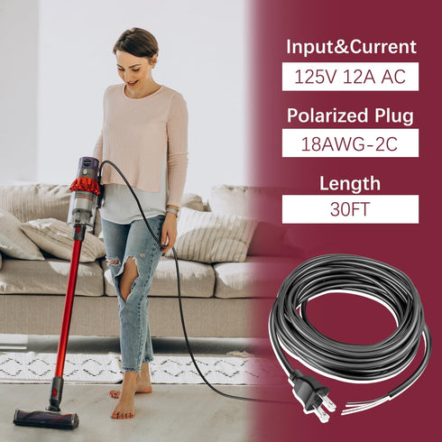 30ft Extra Length 18/2 Replacement Vacuum Cleaner Power Cord for All Upright Vacuums, Shark, Eureka, Sanitaire,