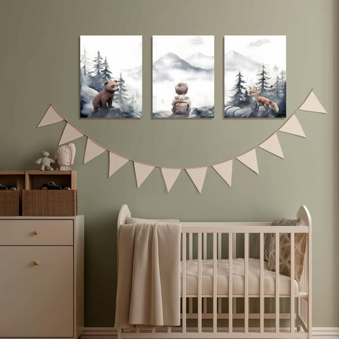 kilamino 12"x16"x3 Neutral Woodland Wild Animal Wall Art, Cute Bear Fox Nursery Wall Decor, Adventure Boy Poster