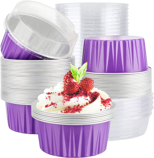 EUSOAR Baking Cups: 50pcs Aluminum Foil 5oz Reusable Cupcake Cups with Lids for Desserts and Catering