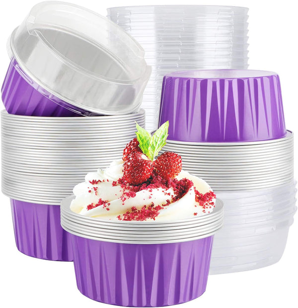 EUSOAR Baking Cups: 50pcs Aluminum Foil 5oz Reusable Cupcake Cups with Lids for Desserts and Catering