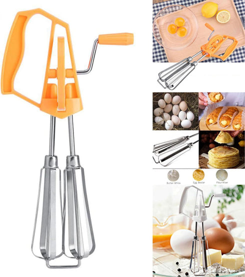 Classic Hand Crank 18/10 Stainless Steel Churner - Dual Head Design, Manual Hand Mixer for Home Cooking (Orange)