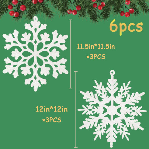 6pcs Large White Snowflakes Ornaments, 12 Big Plastic Glitter Snowflake for Winter Indoor Outdoor Christmas Decorations