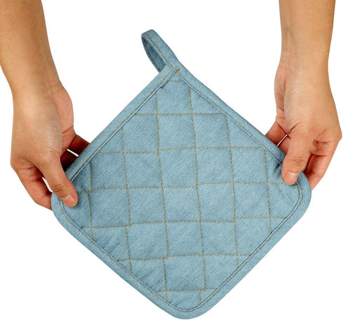 Denim Potholders Kitchen Everyday Basic 8 Inch 100% Cotton Pot Holder, Heat Resistant Hot Pads Set of 3 Light Blue