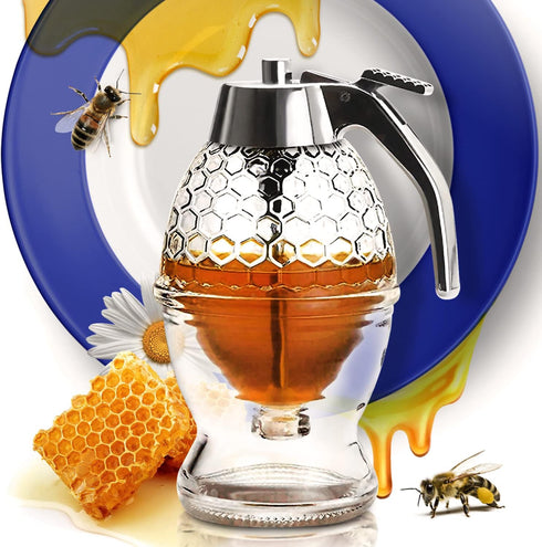 CLEVLI Honey Dispenser No Drip Glass with Stand Honey Jar Clear Glass