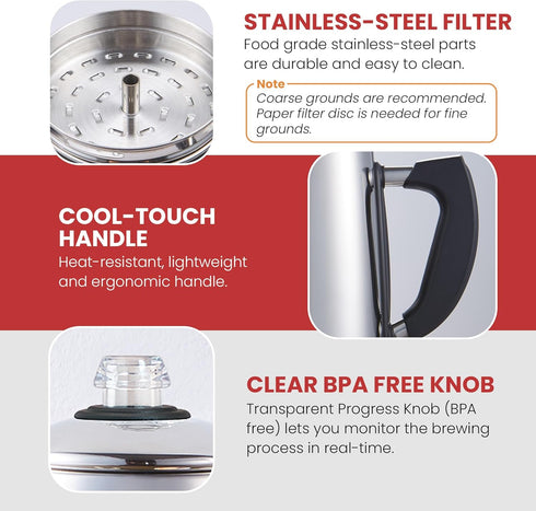 EC923 12-Cup, Elite Gourmet Electric Coffee Percolator, BPA Free, Keep Warm, Clear Brew Progress Knob, Cool-Touch