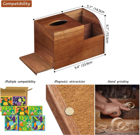 BIBELUN Square Tissue Box Cover,Multi-Functional Wood Tissue Box Holder with Storage Grid,Tissue and Remote Control