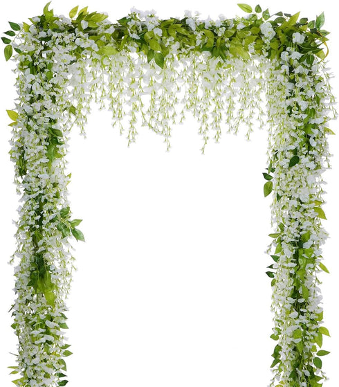 Lvydec Wisteria Artificial Flowers Garland, 4Pcs Total 28.8ft White Silk Hanging Flower for Home Garden
