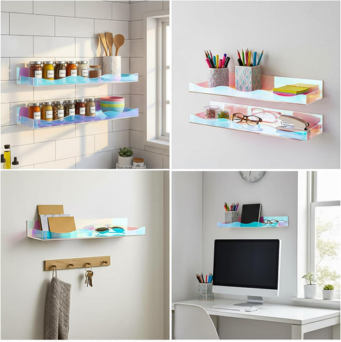 4 Pack 15" Hiceeden Iridescent Acrylic Floating Shelves, Wall Mounted Floating Bookshelf Organizer for Room, Clear Nail