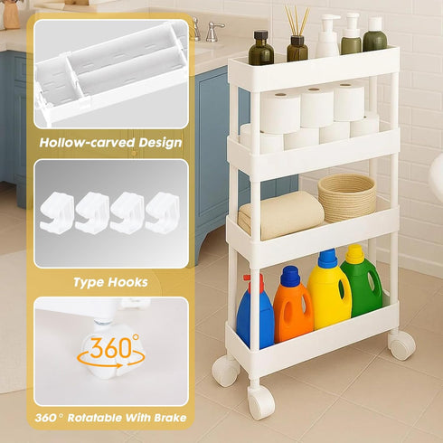 4 ShellKingdom Tier Bathroom Storage Organizer, Slim Rolling Storage Cart for Narrow Space, Mobile Shelving Unit