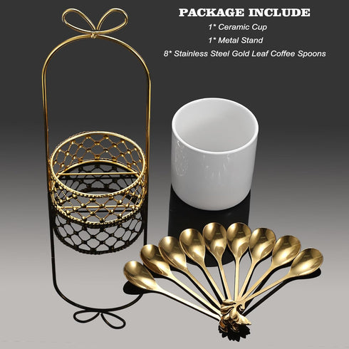 ELLDOO Coffee Spoon Set, 8 Stainless Steel Gold Leaf Coffee Spoons with White Ceramic Holder