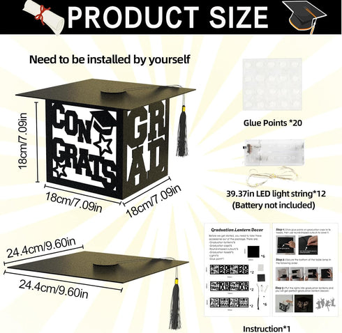 12 2026 Pcs Graduation Table Centerpieces Boxes Class of Black Square Graduation Paper Lanterns with String Lights