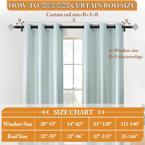TONIAL Decorative Curtain Rods, 32 to 58 Inch, Black with Translucent Diamond Finial