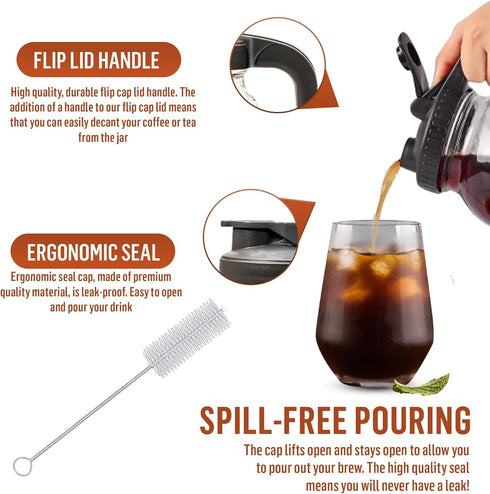 Glass Cold Brew Coffee Maker, 64 oz Mason Jar Iced Coffee Pitcher, Durable Glass, Stainless Steel Filter
