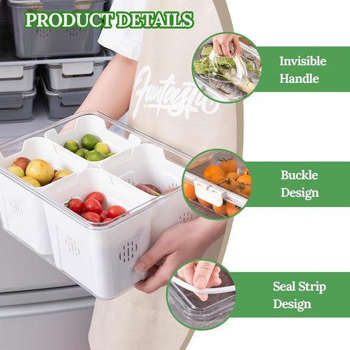 shopwithgreen Fruit Storage Containers with Lid and Handle, 4 Removable Colanders for Fridge, Portable Food Box
