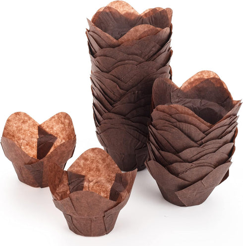 GOLDEN APPLE 100 Pcs Tulip Cupcake Liner - Lotus Parchment Baking Cup for Weddings, Birthdays, Brown
