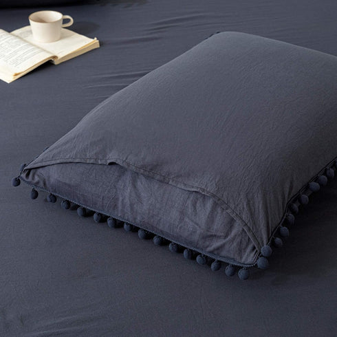 Navy Blue Pom Poms Pillowcases - Dark Blue Standard Queen 20x30 Inches Set of 2, 100% Washed Microfiber