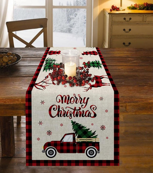 Christmas Truck Cotton Linen Table Runners, 90 Inches Long, Red Buffalo Plaid Non-Slip Burlap for Holiday Decor