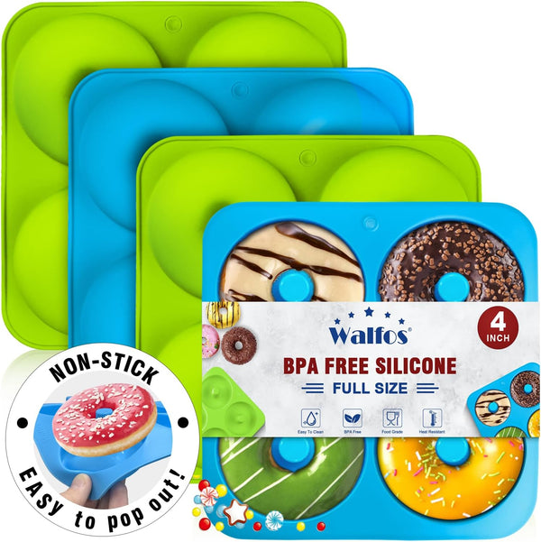 Walfos Full Size Silicone Donut Mold for Baking, 4 Inch Non-Stick Doughnut Pan Set (4PK)